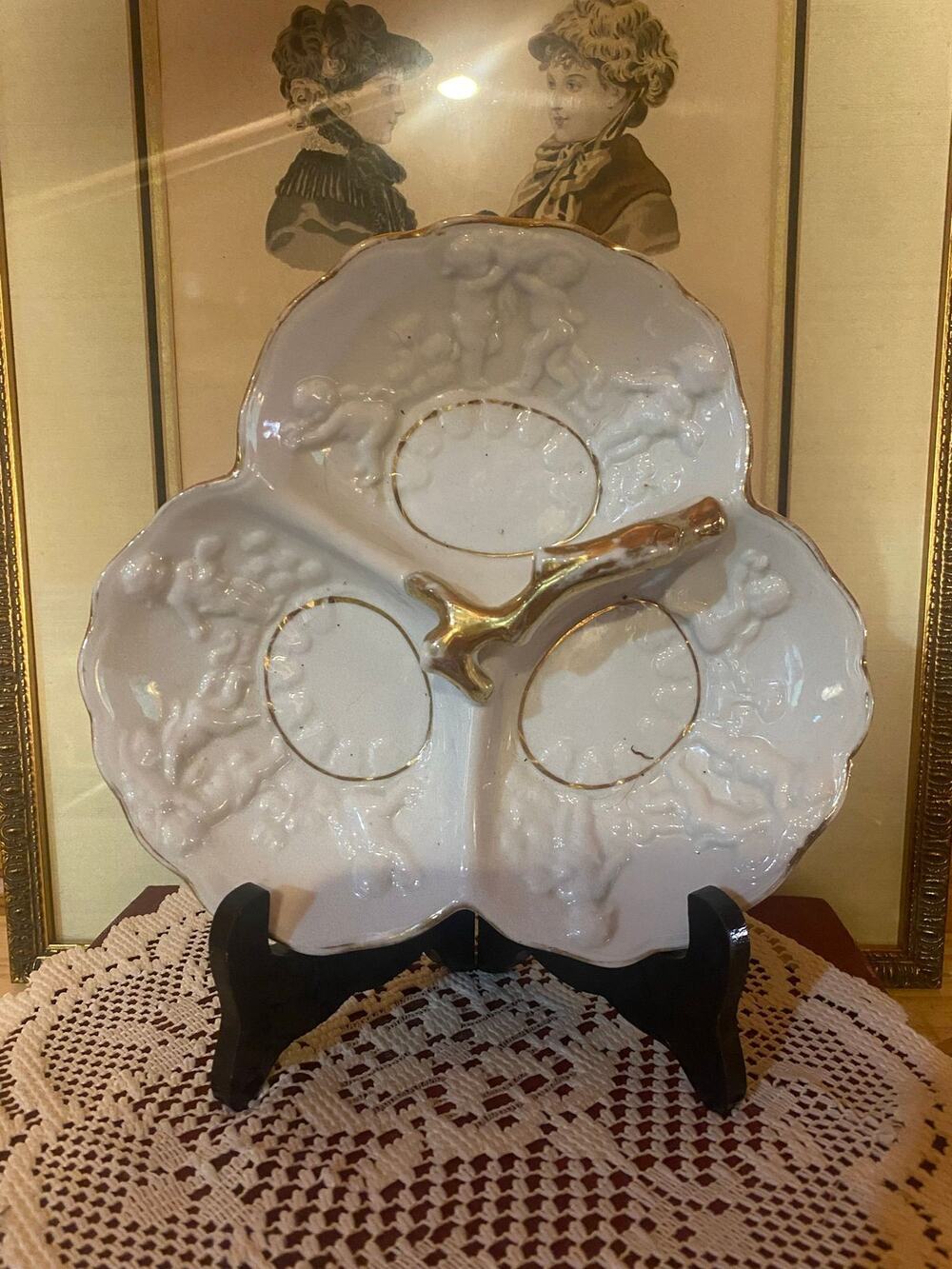 Vintage White Porcelain Cherub 3-Section Vanity Tray Gold Trim 7”